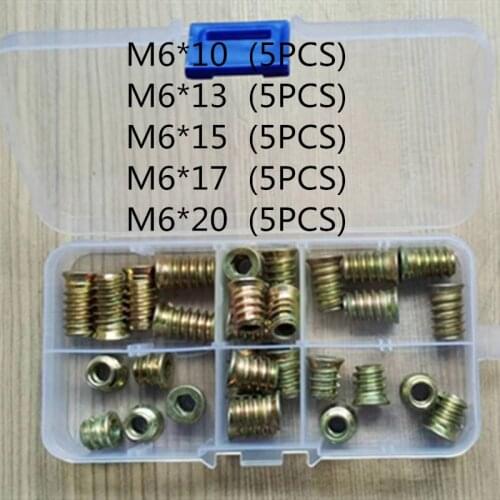 25Pcs/set M6*10/13/15/17/20 Zinc Alloy Thread For Wood Insert Nut Flanged Hex Drive Head Furniture Nuts Assortment Kit