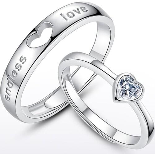 2021 Fashion Couple Rings for Lovers Jewelry Accessories Silver Color Hand Ornaments Simple Zircon Heart Letter Wedding Band