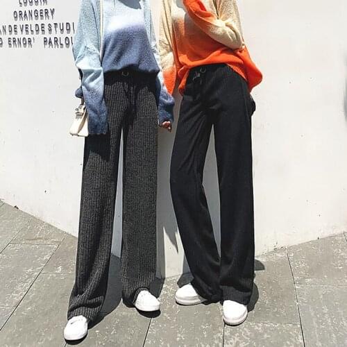 Fashion High Waist Wide Leg Pants Women 2021 Autumn Casual Long Solid Straight Loose Pants Knitted Trousers Drawstring Femme 3XL