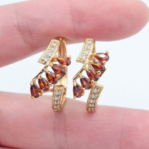 Gold Color Women Fashion Red Cubic Zirconia CZ Flower Huggie Hoop Earrings Jewelry