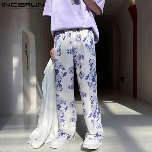 2021 Men Casual Pants Streetwear Flower Printed Elastic Waist Joggers Loose Wide Leg Trousers Pockets Pantalones Hombre INCERUN