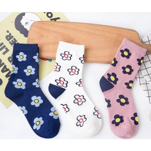 Socks Women Cartoon Socks Flower Embroider Harajuku Kawaii Cute Socks Cotton Funny Sock For Girls Streetwear Sox Floral Woman