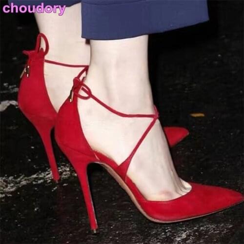 New year spring summer women chic red black suede leather high heel pumps pointed toe stiletto heel cross strap lace up shoes