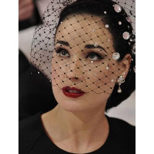 One Layer Black Bridal Hats Crystal Beaded Net Birdcage Face Veils