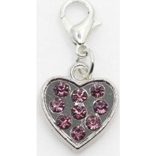 New 20pcs/lot Silver Heart Light Pink Crystal Dangle Charms Lobster Clasp DIY Bracelet Necklace Pendants Jewelry Hanging Charms