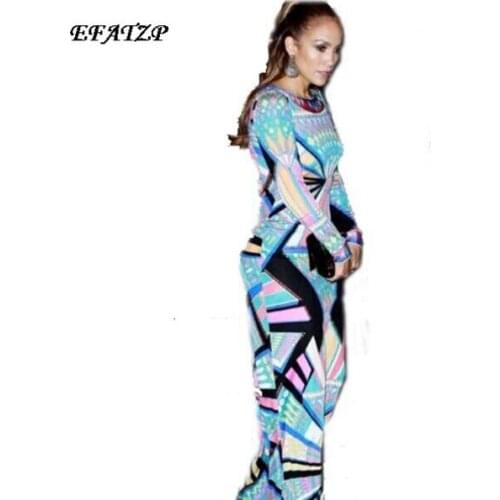 [EFATZP] Luxurious Brands Designer Long Sleeve Maxi Dress Womens Bohemian Blue Printed Stretch Jersey Silk Plus Size Dress XXL