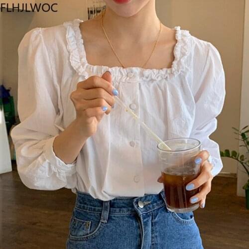 Chic Korea Tops Blusas Women Fashion Flhjlwoc Design Japanese Style Square Neck Single Breasted Button Solid White Shirts