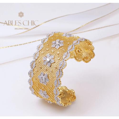 Sterling Silver Lace Pattern Wide Bangle 18K Gold Tone Flower Element Open Cuff Renaissance 2021CZ Bracelet Premium Fine Jewelry