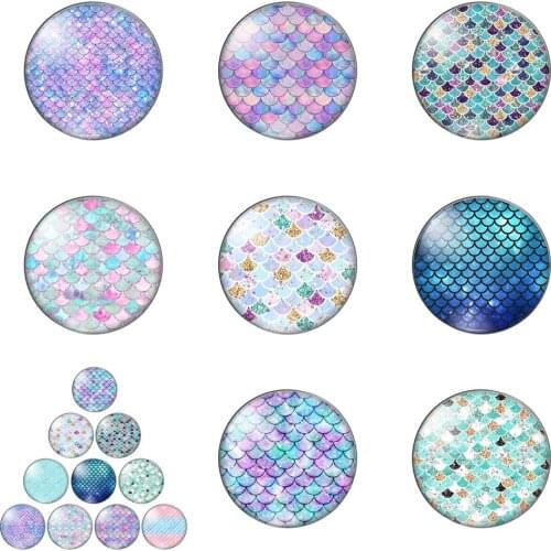 Magical Beauty Glitter Fish Scales round Photo Glass Cabochon Demo Flat Back Making Findings Handmade DIY Accessories