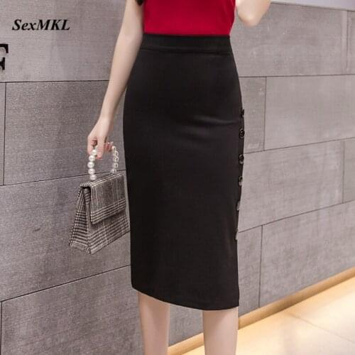 Plus Size Black Long Skirts Women 2021 Fashion Sexy High Waist Faldas Largas Mujer Button Korean Elegant Office Pencil Skirt 5XL