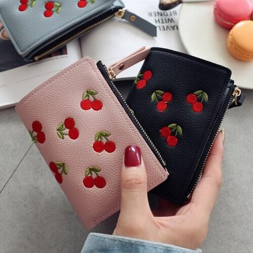 Hand Bags Women Girls Short Wallet Small PU Leather Cherry Embroidery Coin Purse Card Holders Lady Girl Mini Money Bag