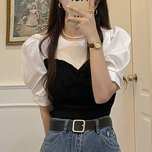 2021 Summer Knitted T Shirt Women Puff Short Sleeve Patchwork Knitted Tops Tees Slim Korean Fake Two Piece T-shirt Femme