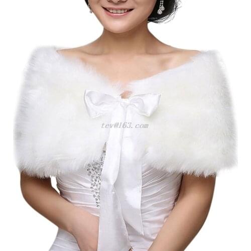 Women Winter One Size Warm Faux Fur Cape Cloak Wedding Wrap Bridal Shawl Coat Satin Ribbon Bowknot Lace Up Shrug Solid