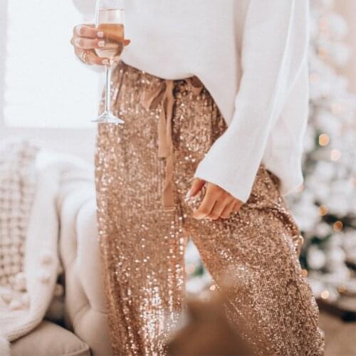 High Waist And Legged Casual Pants Women Sparkly Sequin Loose Casual Pants Womens Ruffle Lace Up Slacks Multi Color Flash Pants