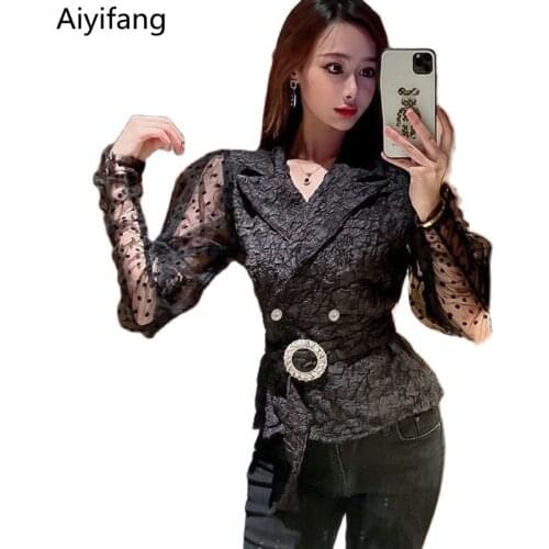 Korean Womens Mesh Polka Dot Patchwork Suit Collar Short Blazer Blouses Office Lady Spring Diamond Buckle Belt Waist Shirt Tops