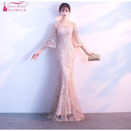 TANYA Champagne Long Evening Dresses 2019 Half Flare Sleeves Lace Formal Women Lady Gown Real Dress Photo JQ273