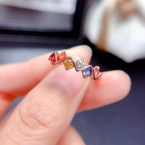 3mm 100% Natural Multi-color Sapphire Silver Ring for Girl 100% Genuine Sapphire Ring Simple 925 Silver Sapphire Jewelry