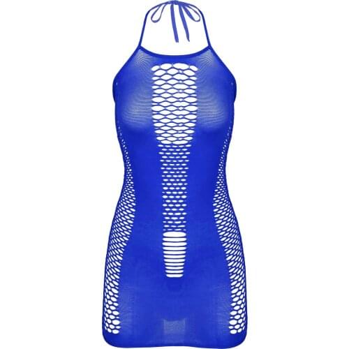 Womens Mini Dress for Clubwear Halter Neck Lace-up Hollow Out Fishnet Dress Sleeveless Backless Stretchy Bodycon Dresses
