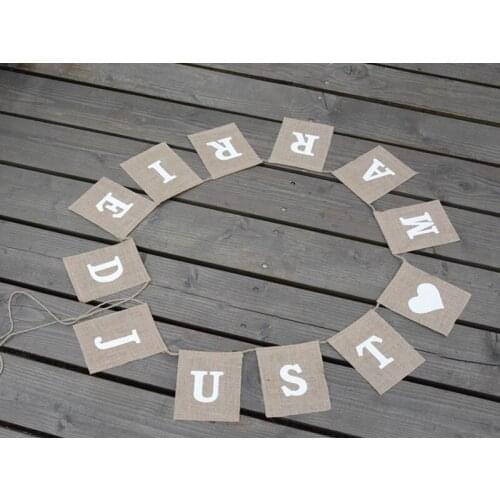 100sets/lot Fast shipping Just Married Jute Burlap Flax Flag Banner For Wedding Decoration
