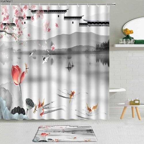 2Pcs Chinese Style Landscape Painting Shower Curtain Lotus Fish Flower White Crane Bathroom Non-Slip Carpet Bath Mat Set Decor