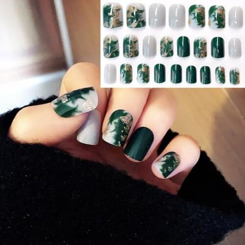 24Pcs Rendering Green Style Full Cover Fake Nails Short Press On Nail Sticker