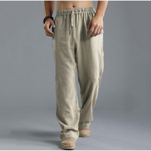 Mens Cotton Linen Pants Male Summer Breathable Solid Color Linen Trousers Wide Leg Casual Men Drawstring Loose Trousers Slacks