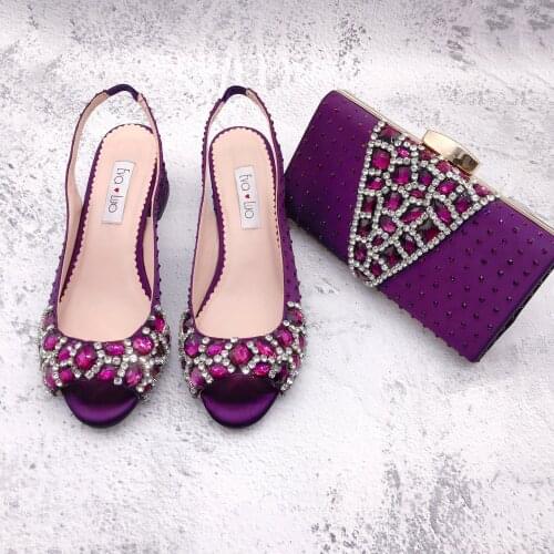 BS1295 Custom Made Slingbacks Women Bridal wedding Shoes Low Heel Slingbacks Purple Stones Shoes with Matching Bags Set