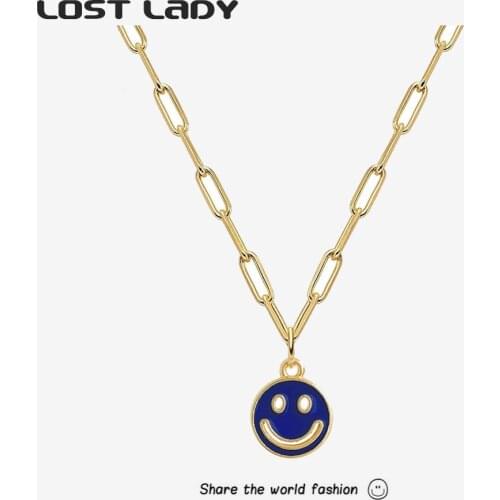 Lost Lady Fashion Sweater Smiley Face Pendant Necklace Double-Sided Fashion Clavicle Alloy Chain Womens Party Jewelry Gifts