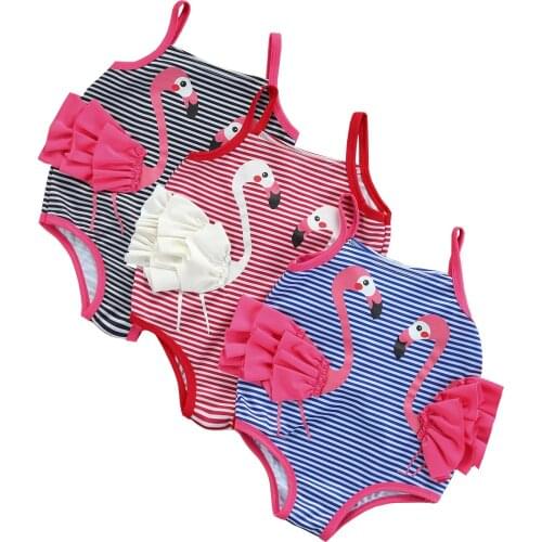 0-4Years Toddler Baby Girl Fashion Swimming Bodysuit with 3D Flamingo Horizontal Stripes Summer Clothing