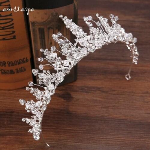 Brides Hair Jewelry Baroque Handmade Beaded Luxury Silver Crowns Crystal Tiara Sweet Princess Tiaras Wedding Hair Accessories