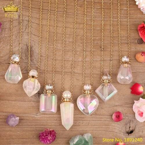 Elegant Women Aura White Quartz Crystal Stone Waterdrop Rhombus Heart Perfume Bottle Diffuser Pendant Necklace Jewelry For Women