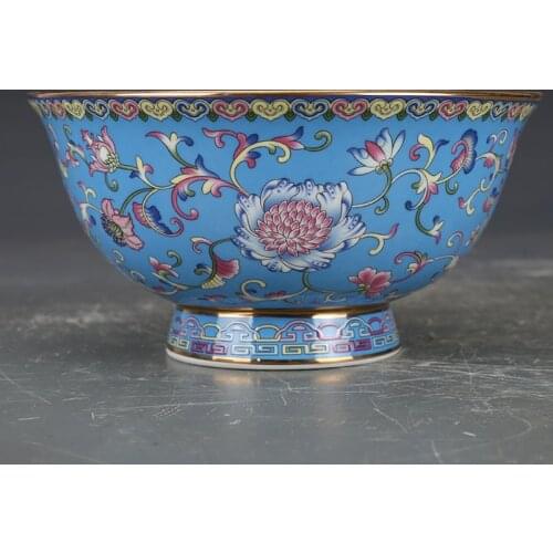 Qing Dynasty Qianlong Enamel Blue Ground Flower Bowl Antique Porcelain Collection