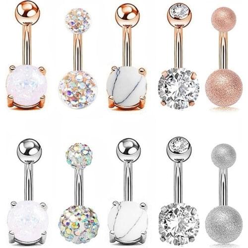 Women Navel Button Rings Rose Gold Rhinestone Sexy Belly Navel Piercing Ring Body Jewelry Medical Steel