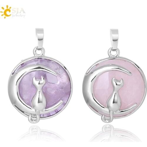 CSJA New Fashion Cat Moon Pendant for Necklace Round Natural Stone Cute Kitten Lucky Jewelry Fit Women Girl Necklaces Gift F334