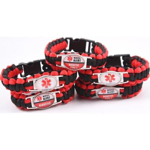 Diabetic Type 1 2 Medical Alert Red Black 25*18mm Glass Cabochon Outdoor Survival Paracord Charm Bracelets Men Women Jewelry