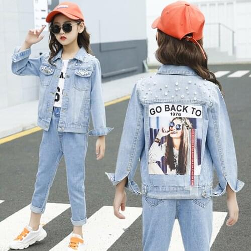 Trendy Little Girl Denim Jacket Embedded Pearls Coat Streetwear Cartoon Letter Jean Jacket Little Princess Punk Clothes