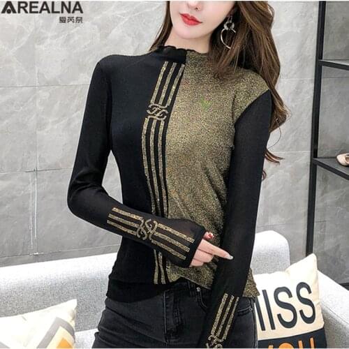 Fashion Shiny Diamonds blouse Women autumn Turtleneck Long Sleeve Casual Splicing Elasticity vintage korean fashion sexy Blouses