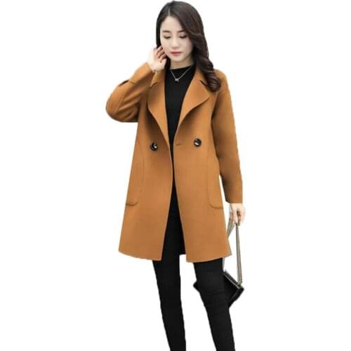 Fashion Womens Wool Coats Female Blended Woolen Coat Spring Autumn Mid-Long Loose Single-breasted Solid Color Jacket Outwear