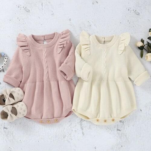 New 2020 Autumn Baby Boys Girls Fly Sleeve Rompers Clothes Infant Baby Boy Girl Kids Knitting Long Sleeve Pure Color Rompers