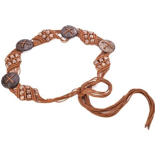 New national style wax rope woven manual belt waist chain dress with coconut shell skirt