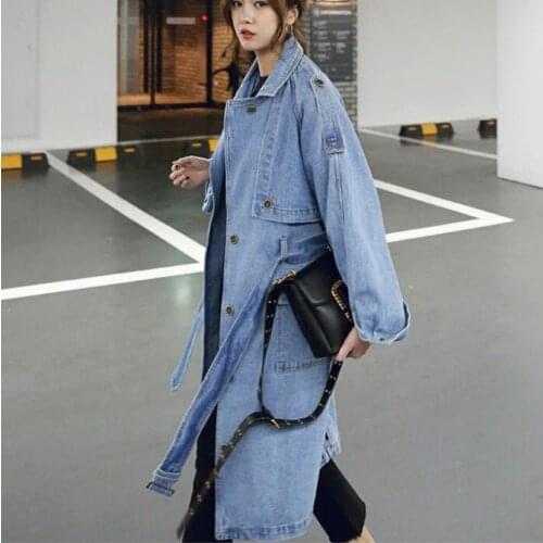 Autumn Women Denim Trench Long Sleeves Casual Fashion Women Denim Coat Slim Jeans Trench coat
