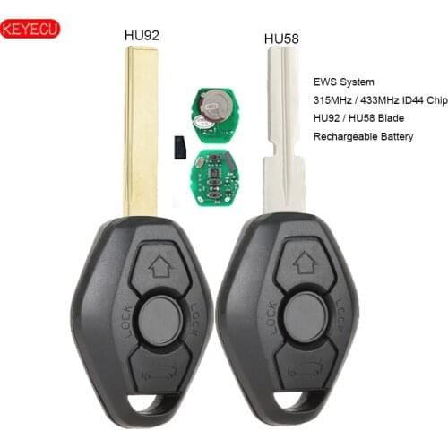 KEYECU EWS Rechargeable Battery 315MHz/433MHz ID44 3 Button Remote Key FOB for BMW 3 5 X series Uncut HU92 /HU58