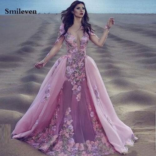 Smileven Pink Lace 3D Flowers Formal Evening Dresses With Detachable Train Long Sleeve Prom Dresses Party Gowns