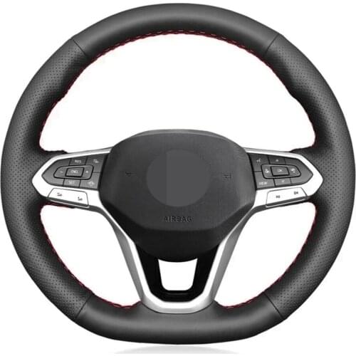 Hand-Stitched Non-slip Black Genuine Leather Car Steering Wheel Cover For Volkswagen VW Golf 8 2020 Atlas 2020 2021