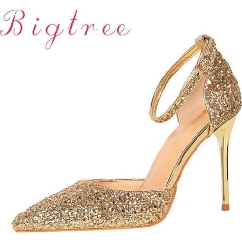Fashion Womens Pointed Toe High Heels 9.5cm Gold Silver Shiny Glitter Party Pumps Ankle Strap Sandal Sexy Wedding Bridal Shoes