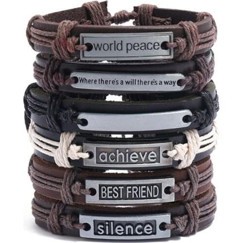 Vintage Fashion Punk Genuine Leather Bracelets Set Letter Words Best Friend Peace Achieve Charm Bangle Wristbands Casual Jewelry