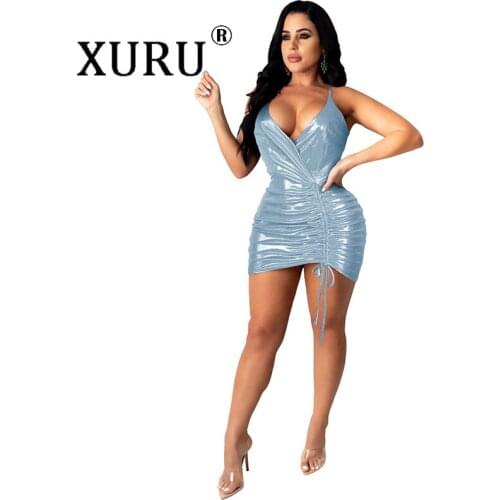 XURU Sexy Cross Side Drawstring Suspender Dress New Womens Deep V-neck Dress Solid Color Tight Dress