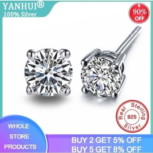 YANHUI 100% Original 925 Solid Silver Stud Earrings Four Claws 8mm Zirconia Diamond Earrings 2 Carat Lab Diamond Earring Brincos