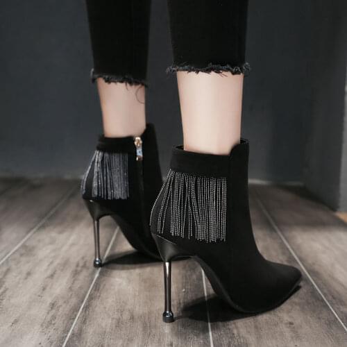 2021 New Women Boots Ankle Leather Zipper Booties High Heels Autumn Shoes Black Winter Boots Zapatos De Mujer Pointed Toe