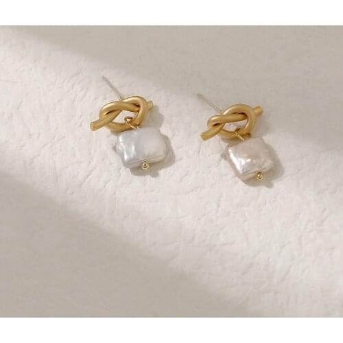 S925 Silver Ear Needle Stud Earring Minimalist Fresh Water Pear; Square Brass14kGold South Korea Jewelry for Women HYACINTH2021